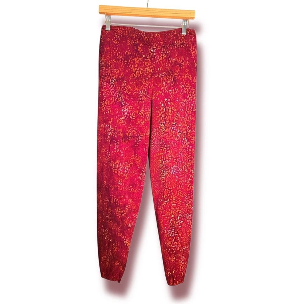 Vintage 90s Batik Rayon Pants Large Magenta Orange Boho Wide Leg‎ Elastic Waist
